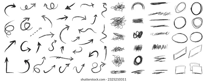 Hand-drawn arrow marks. Simple sketch abstract doodle pointerс. Hand-drawn rough circles, lines and doodles. Simple sketch abstract frame shapes.