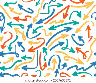 Hand-drawn arrow pattern. Texture of brush, marker, pencil. Vector color arrows isolated on white background