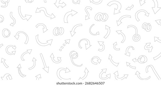 Hand-drawn arrow seamless pattern; minimalist, monochrome, directional, design element, vector illustration, white background, various shapes, graphic design resource.