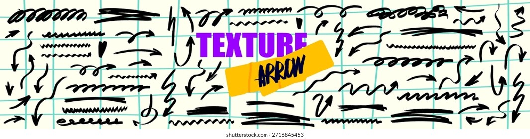 Conjunto de flechas dibujadas a mano con trazos de resaltado en negrita, textura de pincel y detalles de garabatos de marcador. Las Formas de flecha dinámicas mezclan destellos, líneas de pincel y energía de doodle de marcador.