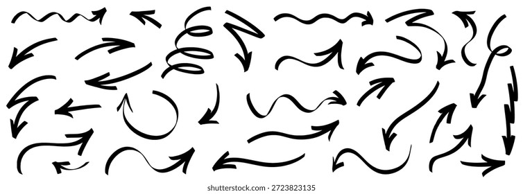 Hand-drawn arrow set with bold marker strokes and soft highlight accents. Dynamic line details and playful arrow shapes perfect for modern marker-style artwork with extra highlight and line energy.