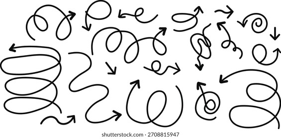 Handgezeichneter Pfeil. Sammlung von Doodle-Pfeilen, Richtungszeigern und Navigationssymbolen. Schwarz-weiße Vektorgrafik einzeln auf weißem Hintergrund.