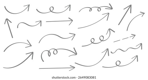 Seta desenhada à mão definida. Grunge scrawls, rabiscos de carvão, pinceladas ásperas, sublinha strikethrough.  Elementos marcadores desenhados à mão. 