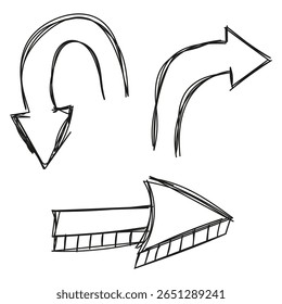 seta desenhada à mão definida. Ícones de setas de linha desenhadas à mão definem coleção. Elementos de vetor de seta, setas desenhadas, traçado de pincel, coleção de setas curvas