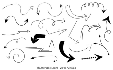 Hand-drawn arrow set with various styles and directions. Vector illustration isolated