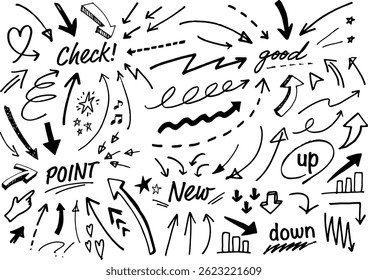 Hand-drawn arrow set. Various types of cursors. Vector illustration.