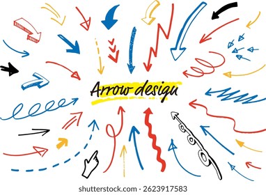 Handgezeichneter Pfeil. Verschiedene Arten von Cursor. Vektorgrafik.