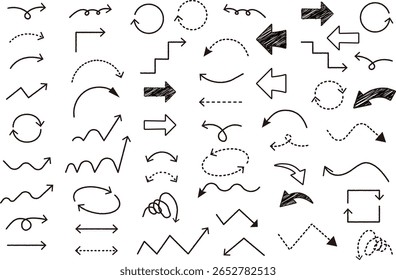 Hand-drawn arrow set vector illustration with various black and white arrows in sketch style on transparent background