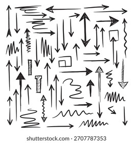 Hand-drawn arrow set. Vector illustration featuring various arrow styles, directions, and shapes in a sketchy, doodle style on white.