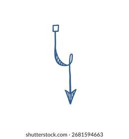 Bosquejo de flecha dibujado a mano como símbolo de navegación, puntero gráfico a mano alzada para el diseño de dirección y guía.