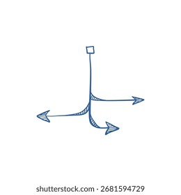 Esboço de seta desenhada à mão como símbolo de navegação, ponteiro gráfico à mão livre para design de direção e orientação.