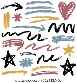 Hand-Drawn Arrow Sketch Set – Grunge Style Chalk and Crayon Arrows, Scribble Doodle Vector Elements on White Background	