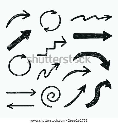 Hand-Drawn Arrow Vector Icons Set, Sketch Style for Business and Education, perfect for business plans, educational materials, and creative layouts.