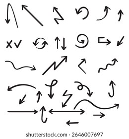 Conjunto de iconos, signos y símbolos de vectores de flecha dibujados a mano. Dibuja un diseño de flecha para un Plan de negocios y educación. Conjunto de iconos de flecha negra. Círculo de flechas, girar la flecha y rehacer el símbolo de proceso.