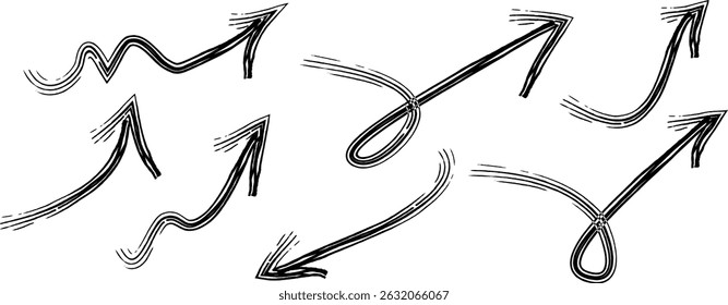Hand-Drawn Arrow Vector Set – Curved, Twisted, and Looped Sketch Arrows for Presentations, Highlights, and Creative Emphasis