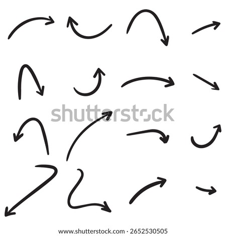 Hand-drawn arrowhead black icon set. Back brush-style chalk arrows, sign, and symbol. Curves cursor, Sycle, doodle direction diagram, down, and dynamic dots. Eps vector illustration pack, 