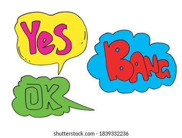 Handdrawn arrows, borders set with handwritten text:yes,bang,ok. Vector icon.