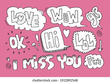 Handdrawn arrows, borders set with handwritten textlove,wow,yes,ok,hi,lol,i miss you,fine. Vector icon.