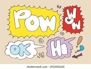 Handdrawn arrows, borders set with handwritten text:pow,woow,ok,hi. Vector icon.