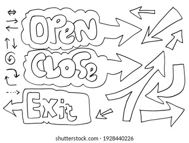 Flechas dibujadas a mano, bordes definidos con texto escrito a mano:abrir, cerrar,salir. Icono del vector.