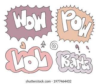 Handdrawn arrows, borders set with handwritten text:Bang,lol,pow,wow. Vector icon.
