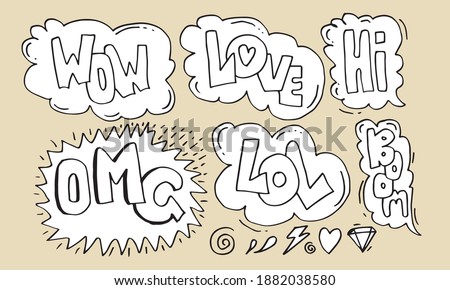Handdrawn arrows, borders set with handwritten text:do it,pow,hi,love,wow,omg,lol and boom. Vector icon.