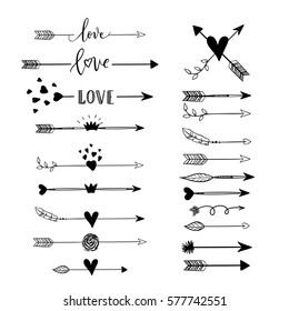 Handdrawn arrows, borders set with hearts, crown, wings, love for Valentines Day and wedding greeting cards, posters. Vector icon.