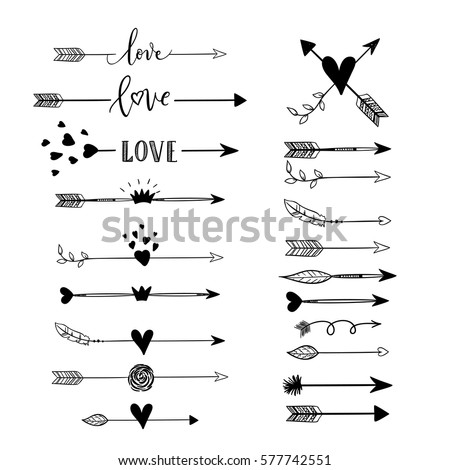 Handdrawn arrows, borders set with hearts, crown, wings, love for Valentines Day and wedding greeting cards, posters. Vector icon.