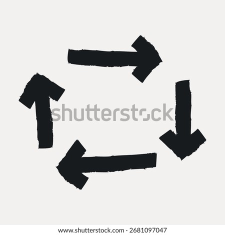 Hand-drawn arrows in a circular flow. Black arrows create a dynamic cycle. Arrows suggest movement and direction. Circular arrow design for process visualization. Frame vector with copy space.