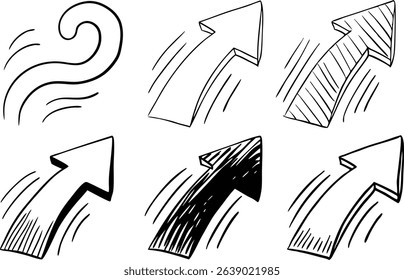 Hand-drawn arrows and decorative lines set representing growth progress and direction on white background