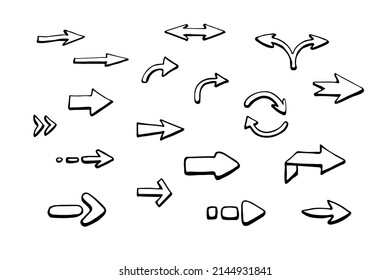 Hand-drawn arrows in a doodle style. A set of black arrows of different directions and shapes. Up, down, left, right, twisted and split. Isolated on a white background. Vector graphics