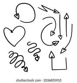 hand-drawn arrows heart, vector set. handdrawn doodle elements