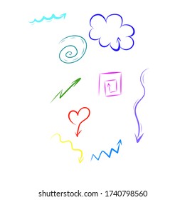 hand-drawn arrows, many colors, vector set, illustration isolated on white background