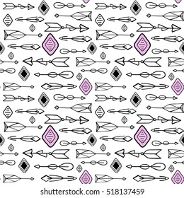 Hand-drawn arrows seamless pattern. Ink arrows tribal ornament. Square tile of handdrawn ethnic ornament. Black arrows on white background. Black and pink seamless ornament. Tribal seamless pattern