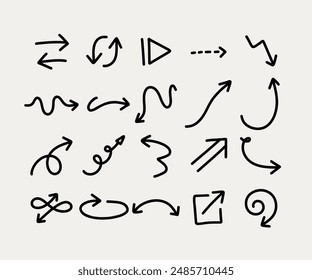 Hand-Drawn Arrows Set. A collection of various arrow designs in a sketchy, hand-drawn style. Ideal for presentations, infographics, and creative projects.
