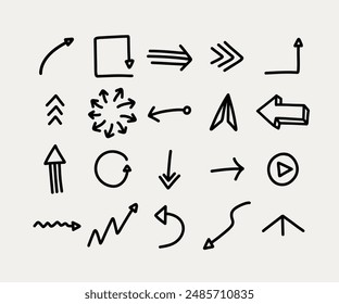Hand-Drawn Arrows Set. A collection of various arrow designs in a sketchy, hand-drawn style. Ideal for presentations, infographics, and creative projects.
