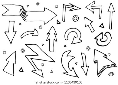 Handdrawn arrows set doodle icon. Hand drawn black sketch. Sign cartoon symbol. Decoration element. White background. Isolated. Flat design. Vector illustration.