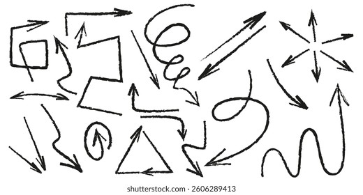 Handdrawn arrows set isolated on white background. Vector illustration of black lines showing direction, square, triangle, round, spiral curves, doodle art design elements, graffiti or pencil texture