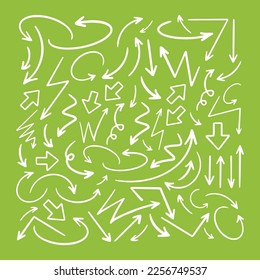 Hand-drawn arrows set on green background. Vector illustration