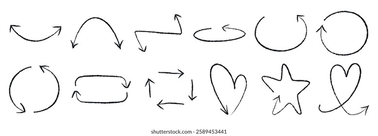 Hand-drawn arrows and shapes. Curved arrows, circular arrows, and zigzag a Shapes include hearts, stars, and rectangles. Sketchy and playful shapes. Doodle element vector set.