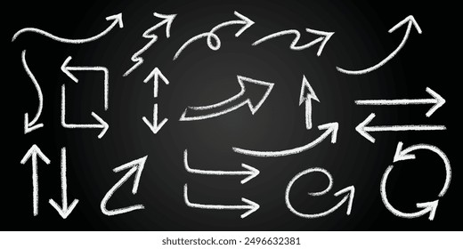 Hand-drawn Arrows and  Shapes Vector with white chalk style Illustration. Arrow doodles, chalk on blackboard