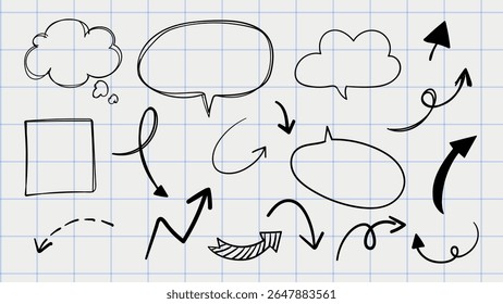 Hand-drawn arrows and speech bubbles on graph paper. Doodles include clouds, arrows, and speech bubbles. Simple, creative sketch style on grid background. Isolated vector element set.