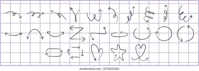 Hand-drawn arrows and symbols on grid paper. Arrows in various directions. Symbols include hearts and stars. Sketchy arrows and symbols on a grid. Element vector set.