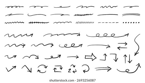 Handgezeichnete Pfeile und Unterstriche Dekoration Set - Skizze Vektor Doodle Elements