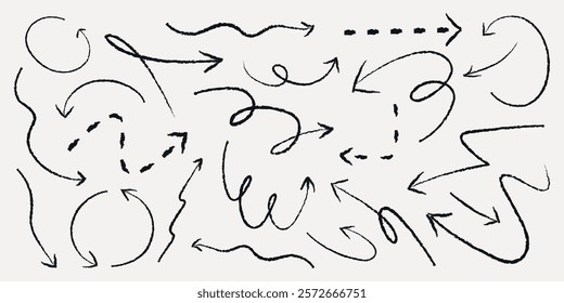 Hand-drawn arrows in various directions. Arrows swirl, twist, and curve. Sketchy arrows, dynamic and varied. Dotted and solid arrows, playful and artistic. Element vector set.