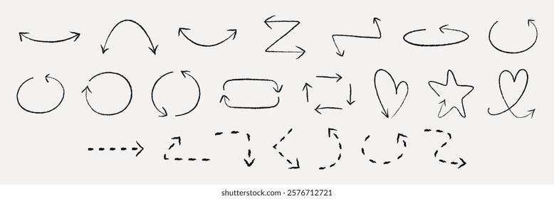Hand-drawn arrows in various shapes, including circles, hearts, and stars. Arrows in loops, zigzags, and curves. Sketch-style arrows for creative designs. Element vector set.
