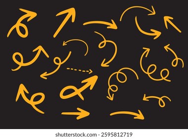 Hand-drawn arrows vector set – a collection of doodle-style arrows including curved, zigzag, looped, wavy, and dashed arrows. Perfect for design projects, presentations, infographics
