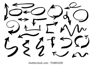 Handdrawn arrows vector set drawn by brush. Isolated vector illustration on white background.