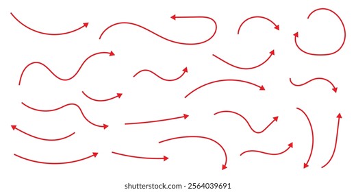 Hand-drawn arrows wavy and curved pointer elements. Hand drawn thin line arrows set. Many vector curvy and wavy arrows isolated on white background.