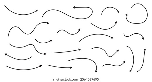 Hand-drawn arrows wavy and curved pointer elements. Hand drawn thin line arrows set. Many vector curvy and wavy arrows isolated on white background.